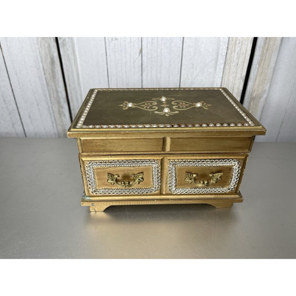 Vintage Norleans Gold Pearl Wood Jewelry Music Box Made in Japan